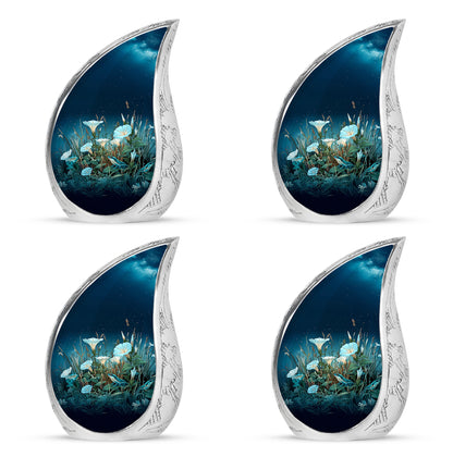 Navy Blue Frog Cremation Urn close-up of engraving and surface detail - flowing teardrop frog silhouette on curved aluminum - 10 inch aluminum urn for cremated remains