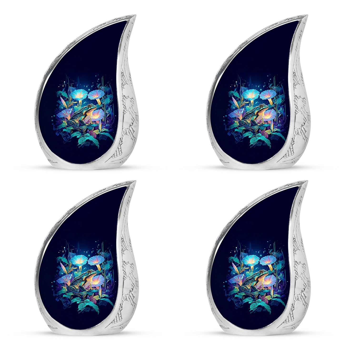 Sapphire Blue Frog Cremation Urn close-up of engraving and surface detail - graceful tear-shaped urn with frog motif - 10 inch aluminum urn for cremated remains