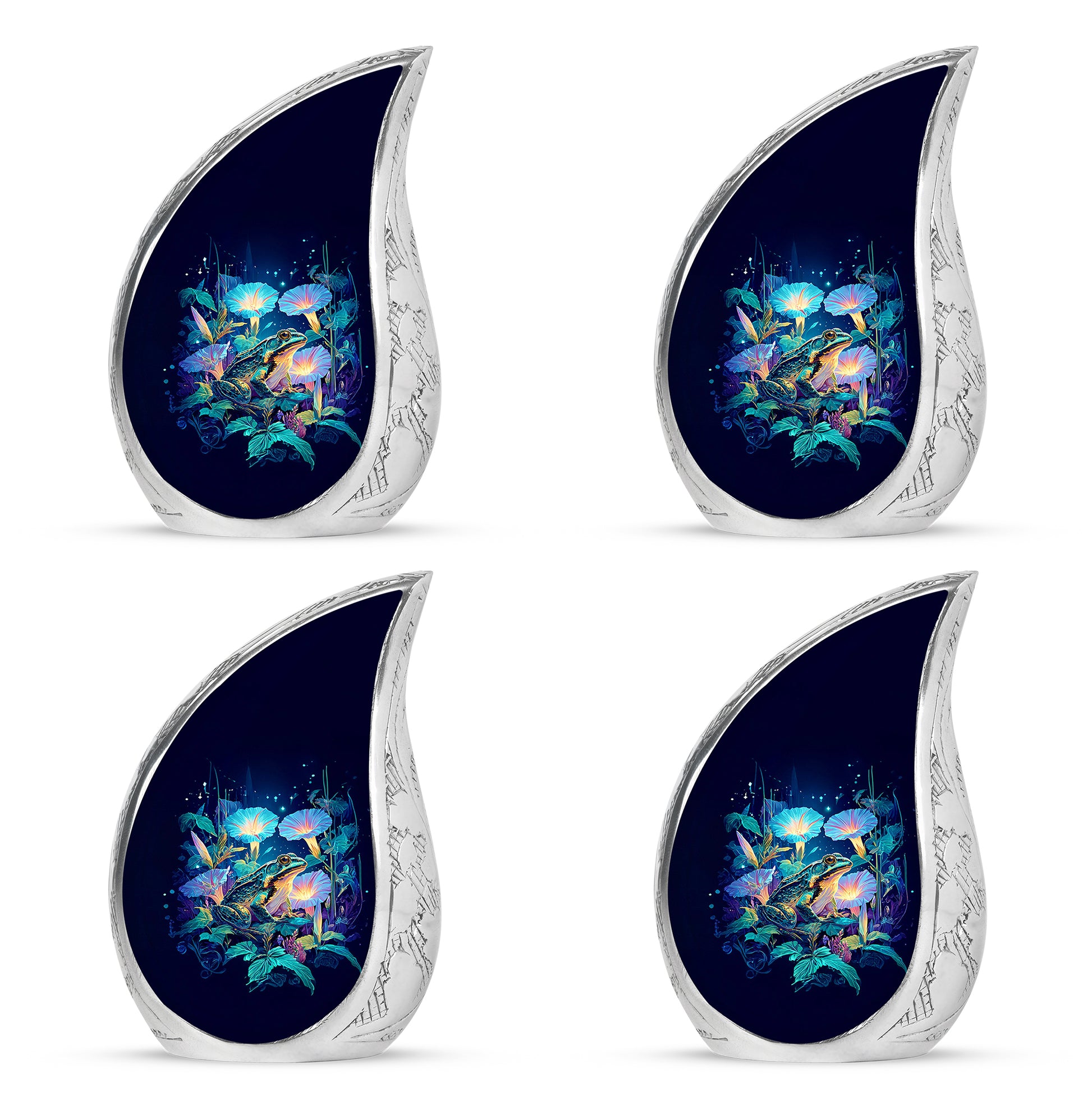Sapphire Blue Frog Cremation Urn close-up of engraving and surface detail - graceful tear-shaped urn with frog motif - 10 inch aluminum urn for cremated remains