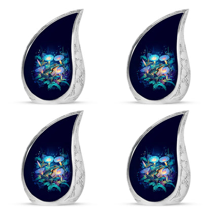 Sapphire Blue Frog Cremation Urn close-up of engraving and surface detail - graceful tear-shaped urn with frog motif - 10 inch aluminum urn for cremated remains