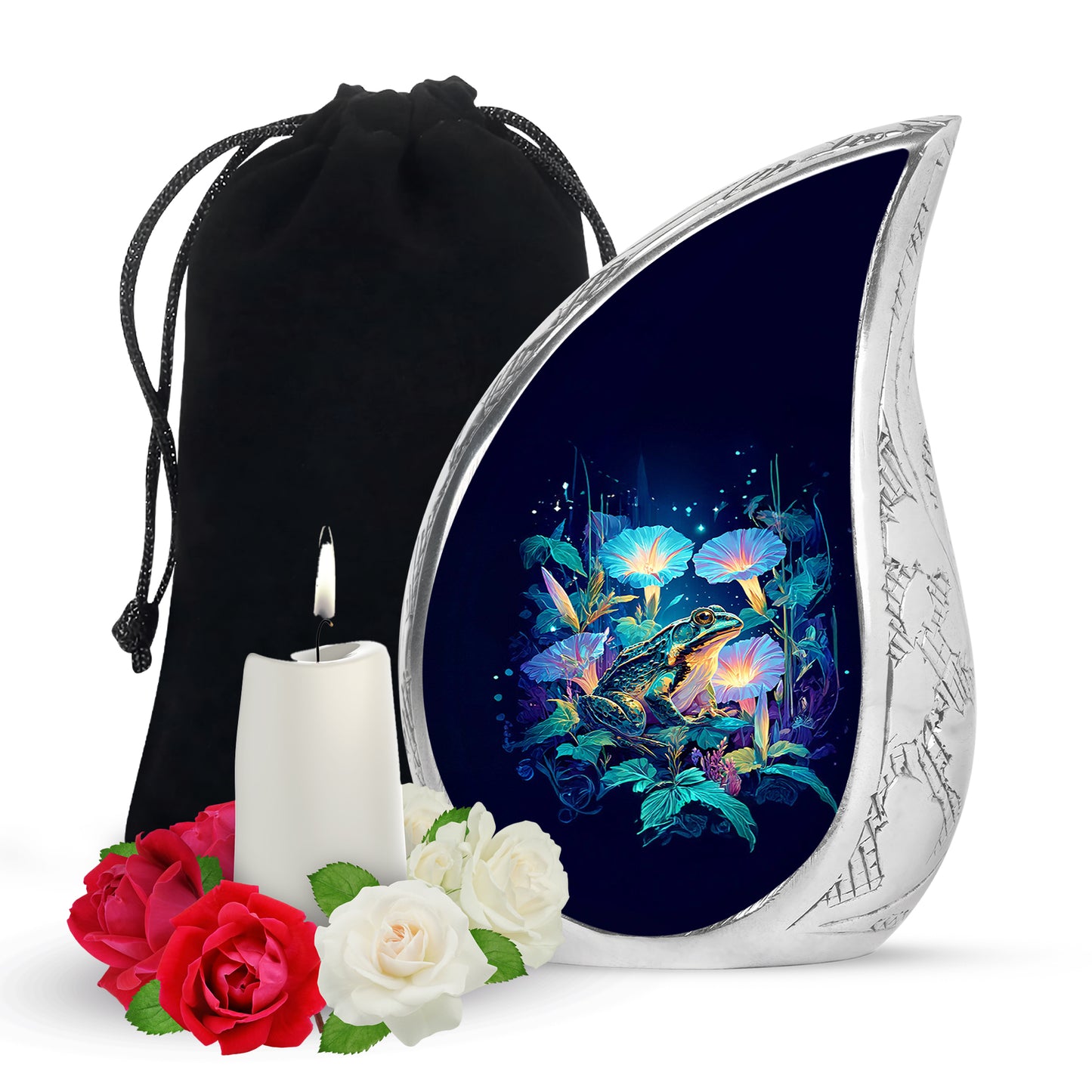 Serene Blue Frog Cremation Urn front view showing detailed design - graceful tear-shaped urn with frog motif - full-size 10 inch 200 cubic inch adult cremation urn