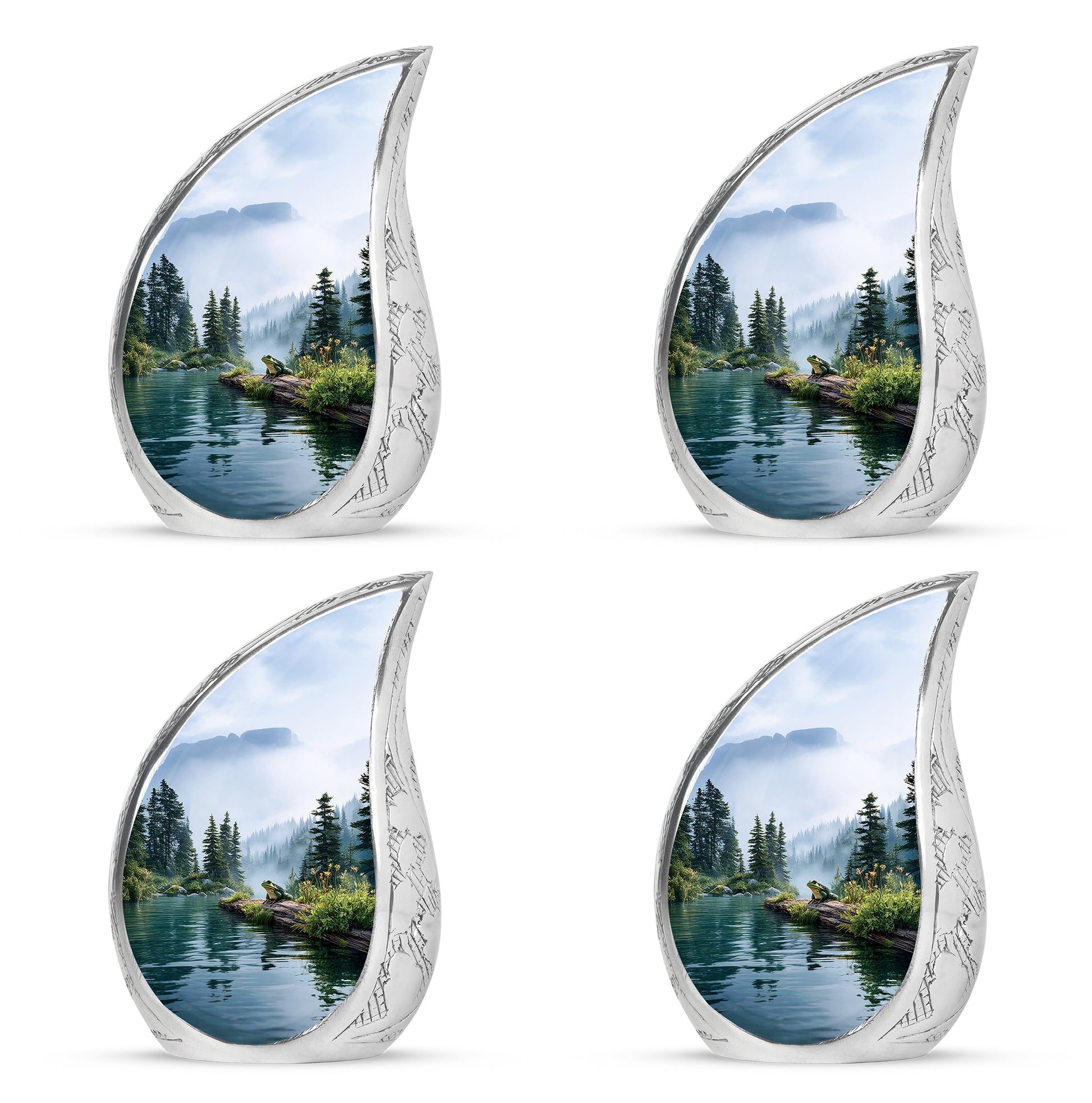 Frosted Silver Frog Cremation Urn close-up of engraving and surface detail - smooth teardrop contour featuring frog art - 10 inch aluminum urn for cremated remains