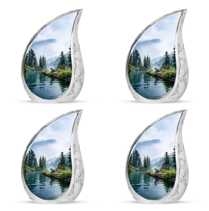 Frosted Silver Frog Cremation Urn close-up of engraving and surface detail - smooth teardrop contour featuring frog art - 10 inch aluminum urn for cremated remains
