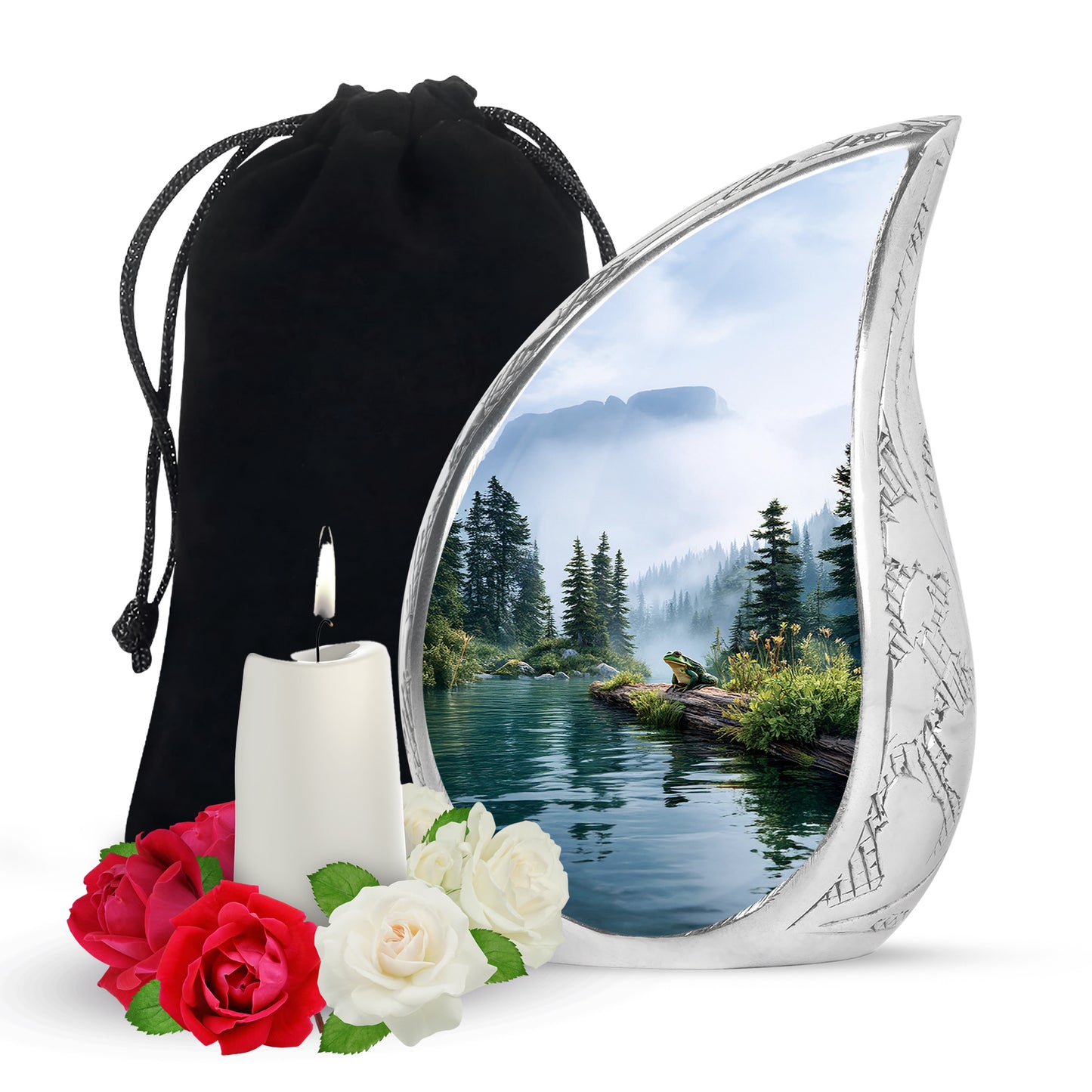 Gleaming Silver Frog Cremation Urn front view showing detailed design - rounded teardrop frog design with delicate detail - full-size 10 inch 200 cubic inch adult cremation urn