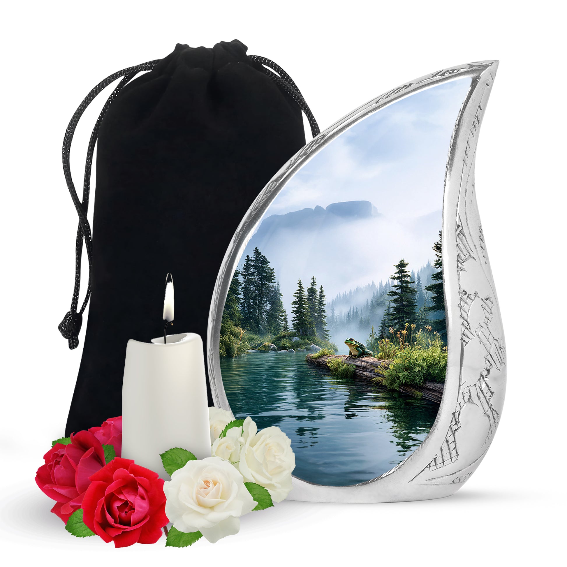 Gleaming Silver Frog Cremation Urn front view showing detailed design - rounded teardrop frog design with delicate detail - full-size 10 inch 200 cubic inch adult cremation urn