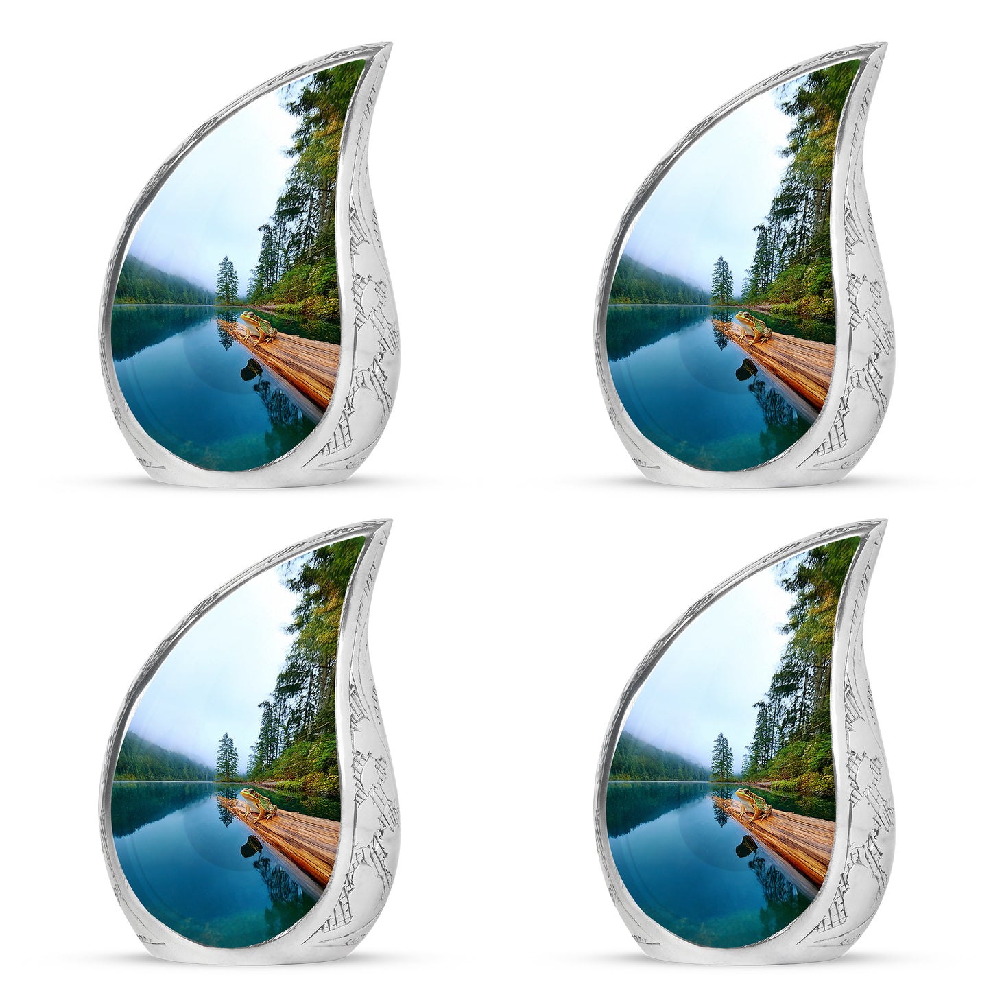 Cornflower Blue Frog Cremation Urn close-up of engraving and surface detail - smooth teardrop contour featuring frog art - 10 inch aluminum urn for cremated remains