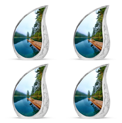 Cornflower Blue Frog Cremation Urn close-up of engraving and surface detail - smooth teardrop contour featuring frog art - 10 inch aluminum urn for cremated remains