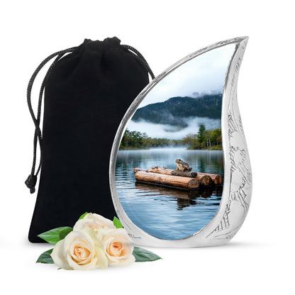 Moonlight Silver Frog Cremation Urn front view showing detailed design - graceful tear-shaped urn with frog motif - full-size 10 inch 200 cubic inch adult cremation urn
