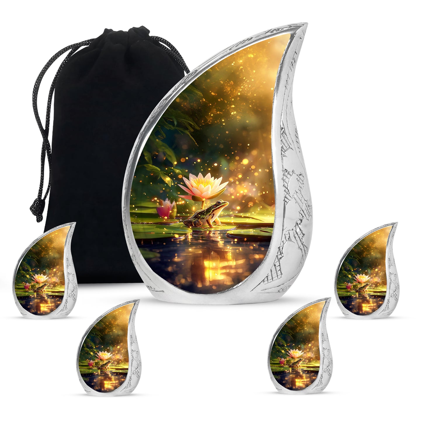 Sunrise Gold Frog Cremation Urn side profile showing urn shape - flowing teardrop frog silhouette on curved aluminum - memorial set with one large and four small urns