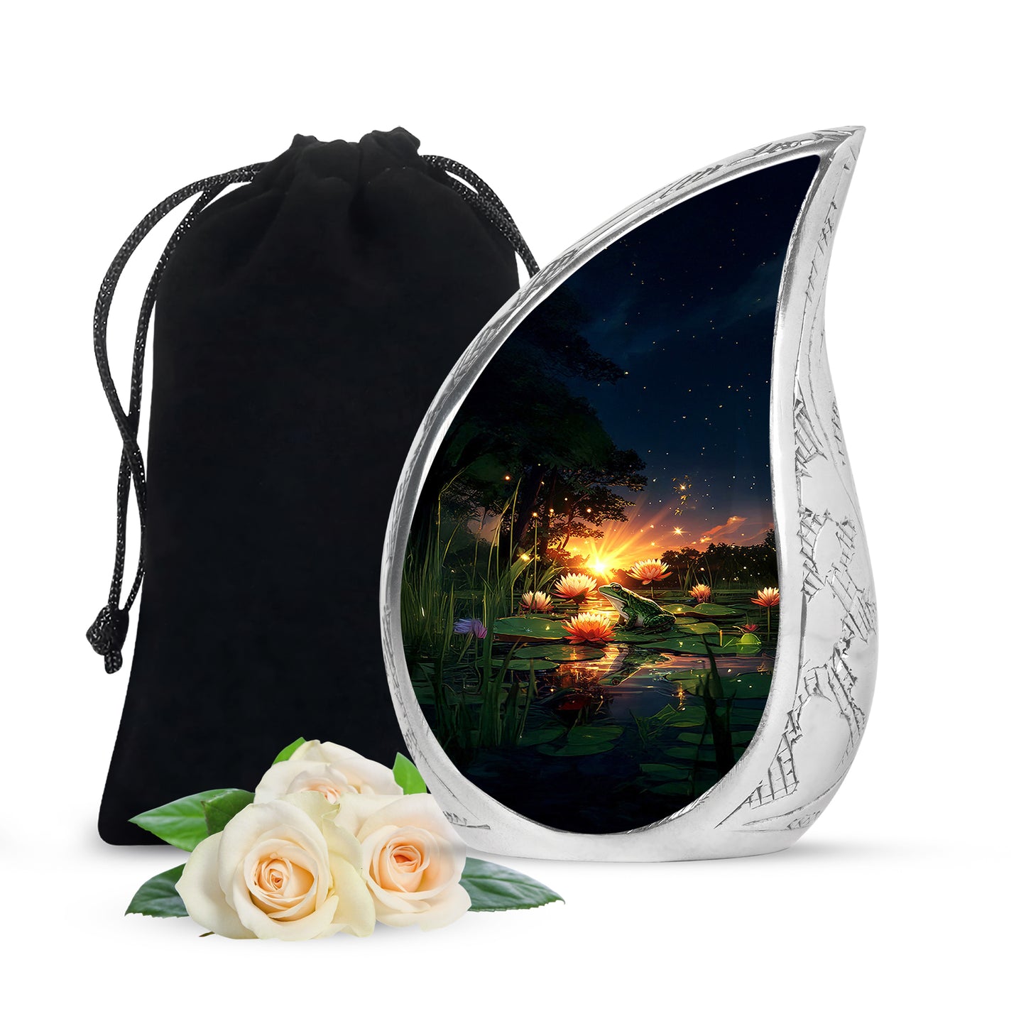 Sapphire Blue Frog Cremation Urn front view showing detailed design - graceful tear-shaped urn with frog motif - full-size 10 inch 200 cubic inch adult cremation urn