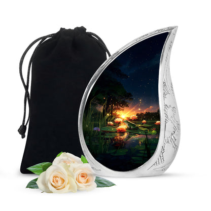 Sapphire Blue Frog Cremation Urn front view showing detailed design - graceful tear-shaped urn with frog motif - full-size 10 inch 200 cubic inch adult cremation urn