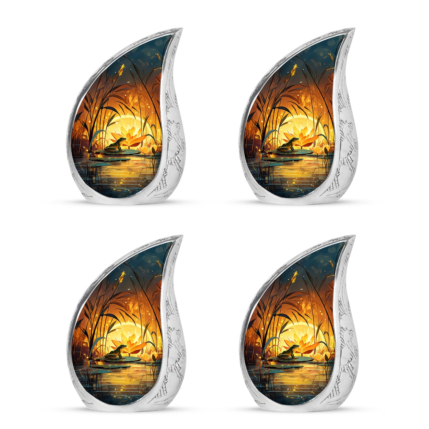 Harvest Gold Frog Cremation Urn close-up of engraving and surface detail - smooth teardrop contour featuring frog art - 10 inch aluminum urn for cremated remains