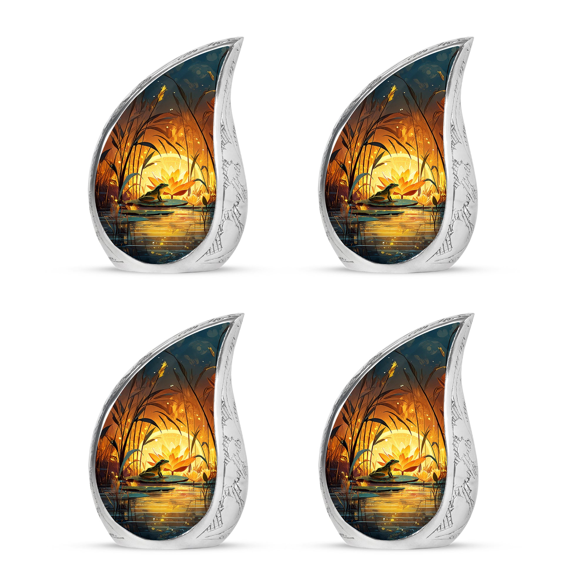 Harvest Gold Frog Cremation Urn close-up of engraving and surface detail - smooth teardrop contour featuring frog art - 10 inch aluminum urn for cremated remains