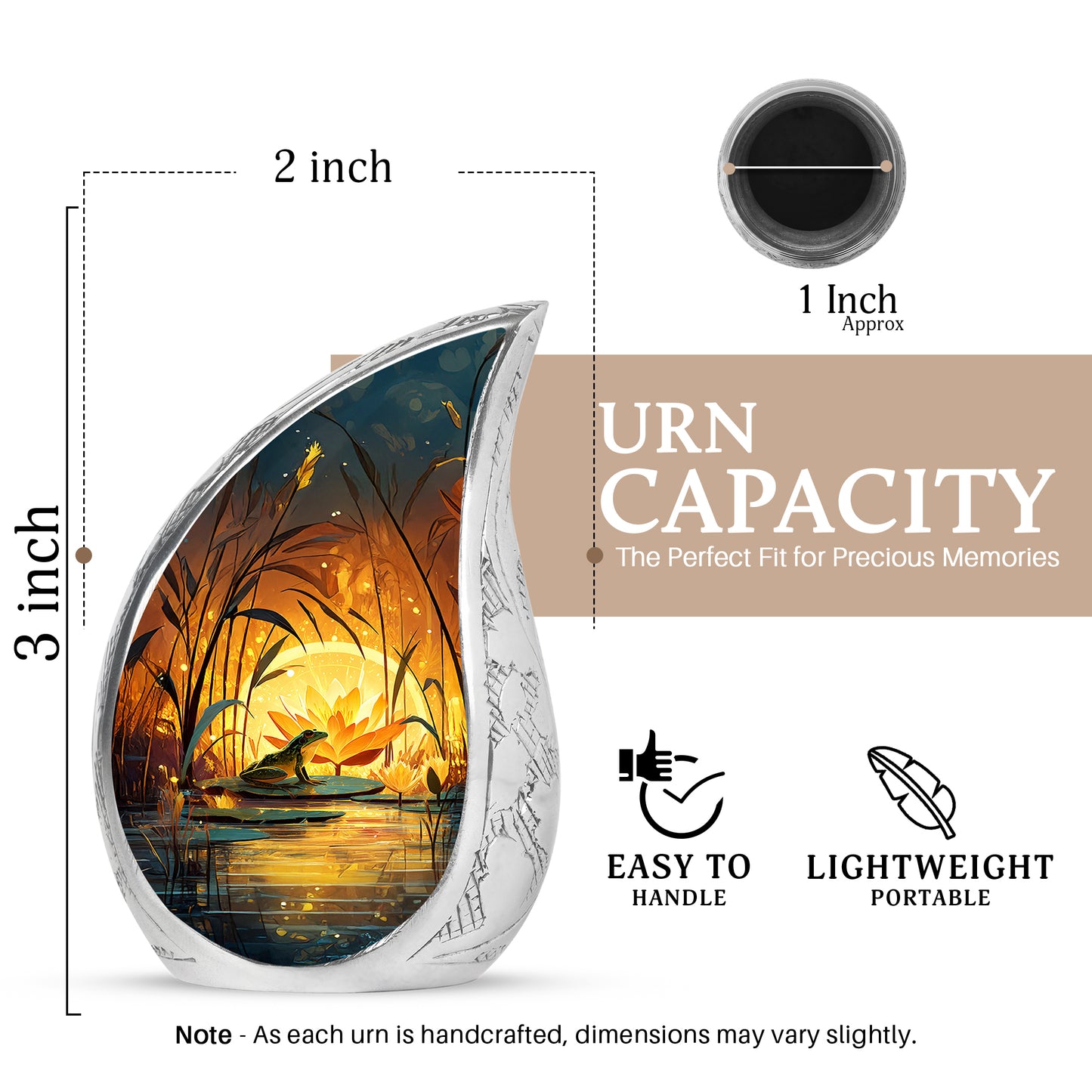 Antique Gold Frog Cremation Urn angled view of lid and engraved motif - rounded teardrop frog design with delicate detail - mini keepsake memorial for portion of cremation ashes
