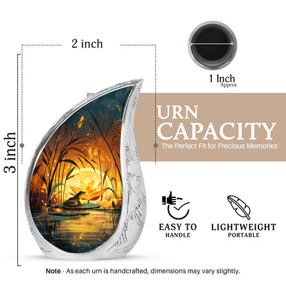 Antique Gold Frog Cremation Urn angled view of lid and engraved motif - rounded teardrop frog design with delicate detail - mini keepsake memorial for portion of cremation ashes