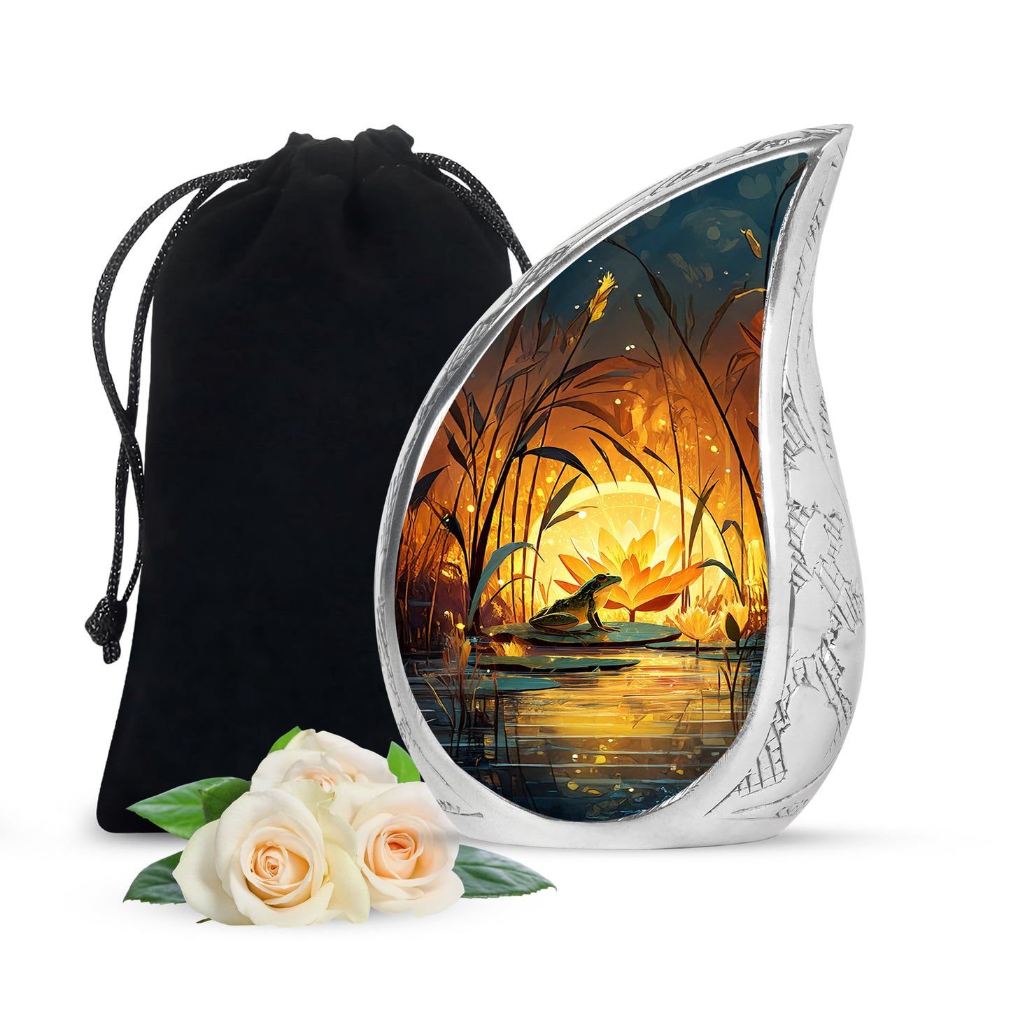 Sunrise Gold Frog Cremation Urn front view showing detailed design - rounded teardrop frog design with delicate detail - full-size 10 inch 200 cubic inch adult cremation urn
