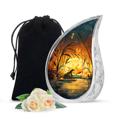 Sunrise Gold Frog Cremation Urn front view showing detailed design - rounded teardrop frog design with delicate detail - full-size 10 inch 200 cubic inch adult cremation urn