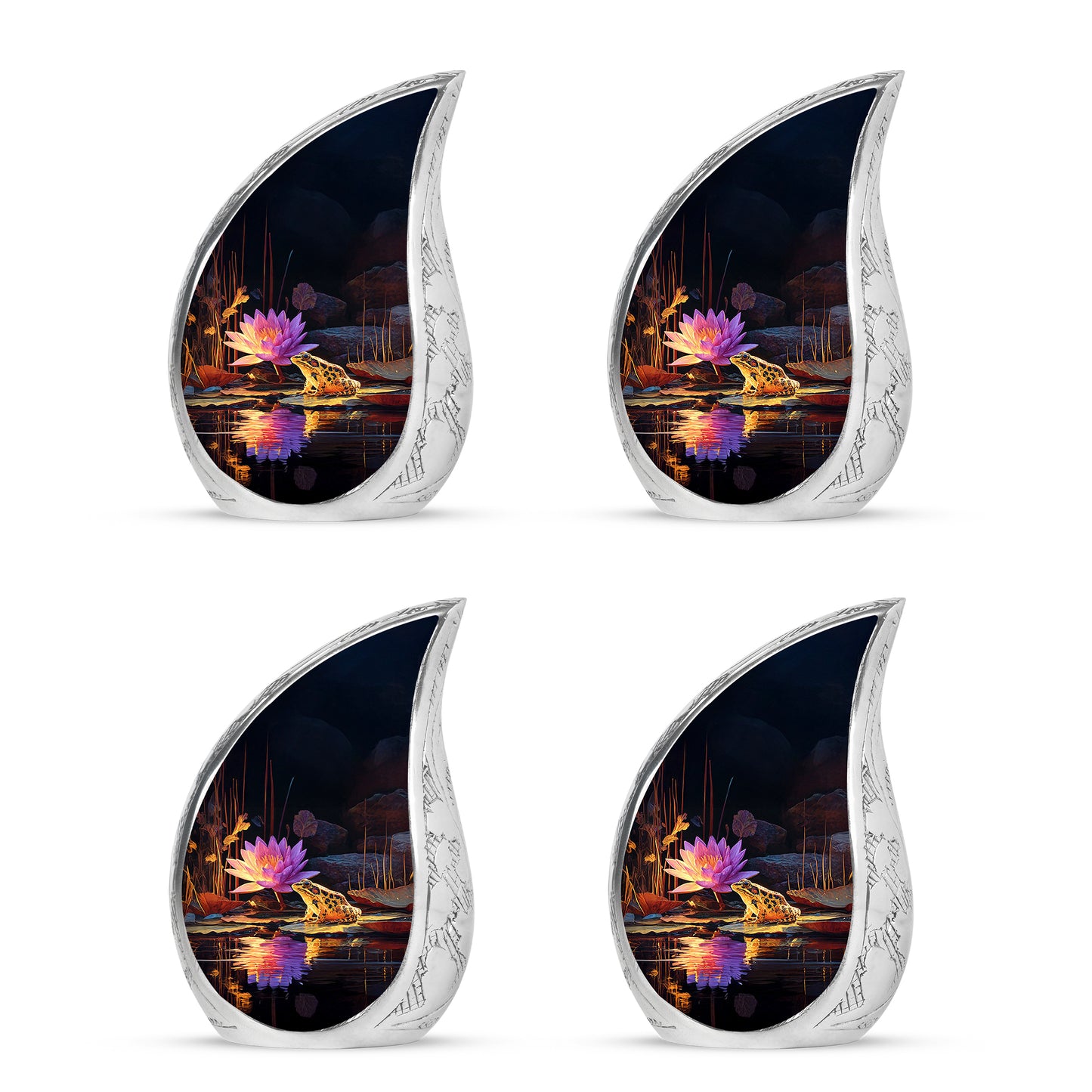 Glossy Black Frog Cremation Urn close-up of engraving and surface detail - flowing teardrop frog silhouette on curved aluminum - 10 inch aluminum urn for cremated remains