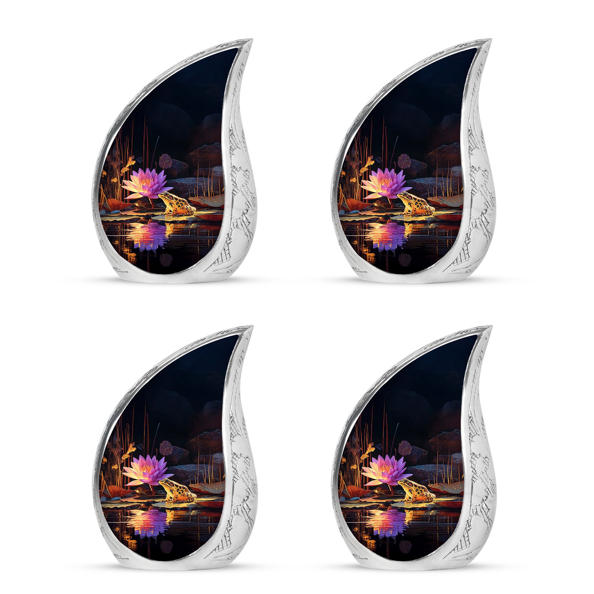 Glossy Black Frog Cremation Urn close-up of engraving and surface detail - flowing teardrop frog silhouette on curved aluminum - 10 inch aluminum urn for cremated remains