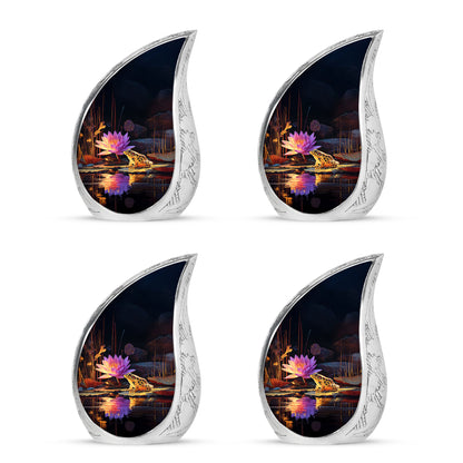 Glossy Black Frog Cremation Urn close-up of engraving and surface detail - flowing teardrop frog silhouette on curved aluminum - 10 inch aluminum urn for cremated remains