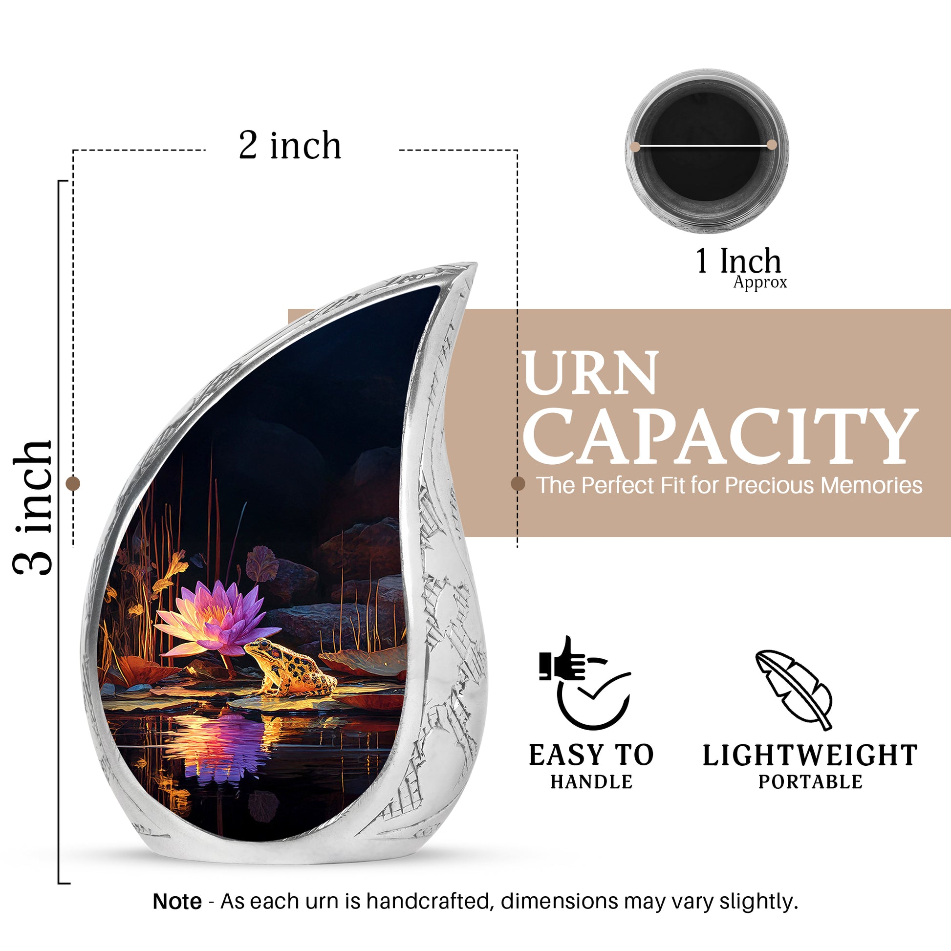 Dark Black Frog Cremation Urn angled view of lid and engraved motif - smooth teardrop contour featuring frog art - mini keepsake memorial for portion of cremation ashes