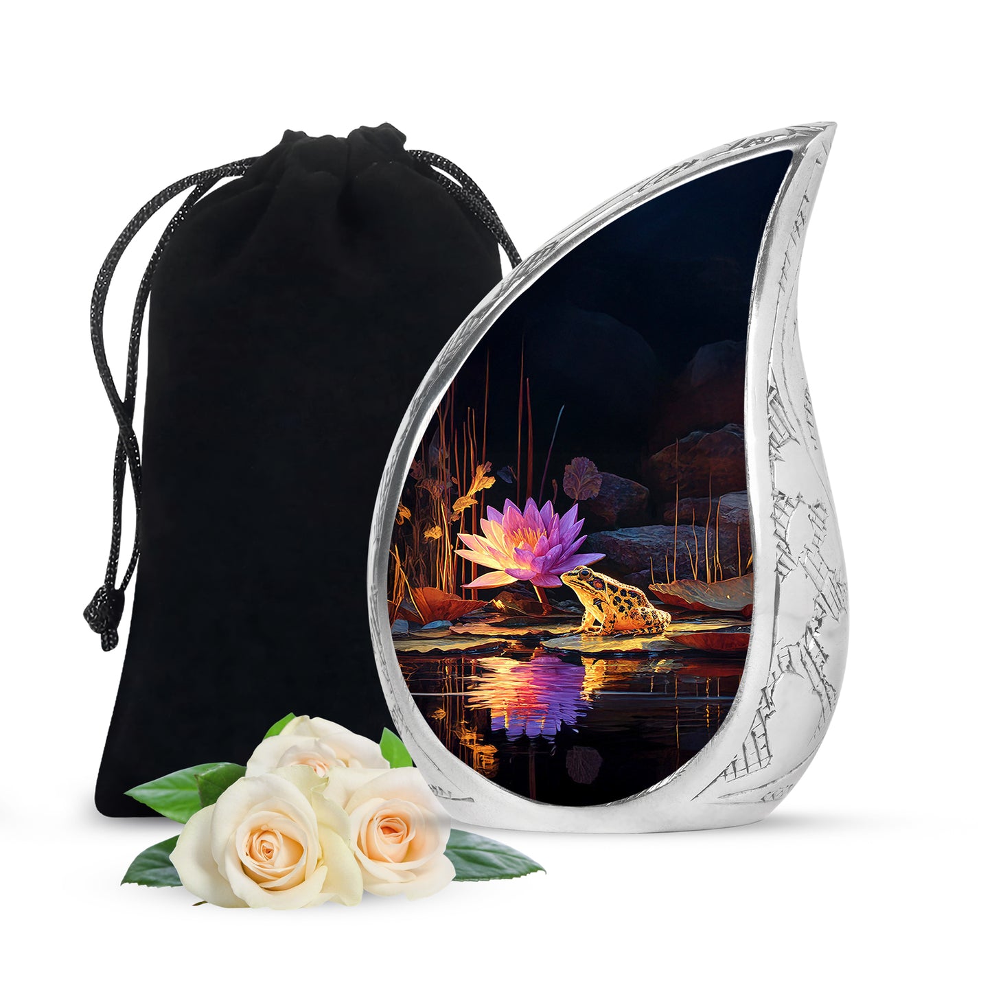 Dark Black Frog Cremation Urn front view showing detailed design - graceful tear-shaped urn with frog motif - full-size 10 inch 200 cubic inch adult cremation urn