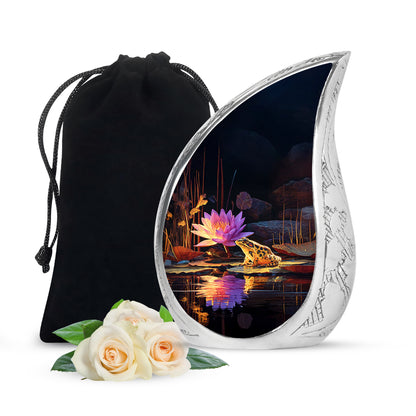 Dark Black Frog Cremation Urn front view showing detailed design - graceful tear-shaped urn with frog motif - full-size 10 inch 200 cubic inch adult cremation urn