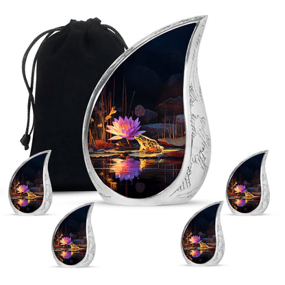 Jet Black Frog Cremation Urn side profile showing urn shape - flowing teardrop frog silhouette on curved aluminum - memorial set with one large and four small urns