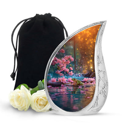 Scarlet Red Frog Cremation Urn front view showing detailed design - smooth teardrop contour featuring frog art - full-size 10 inch 200 cubic inch adult cremation urn