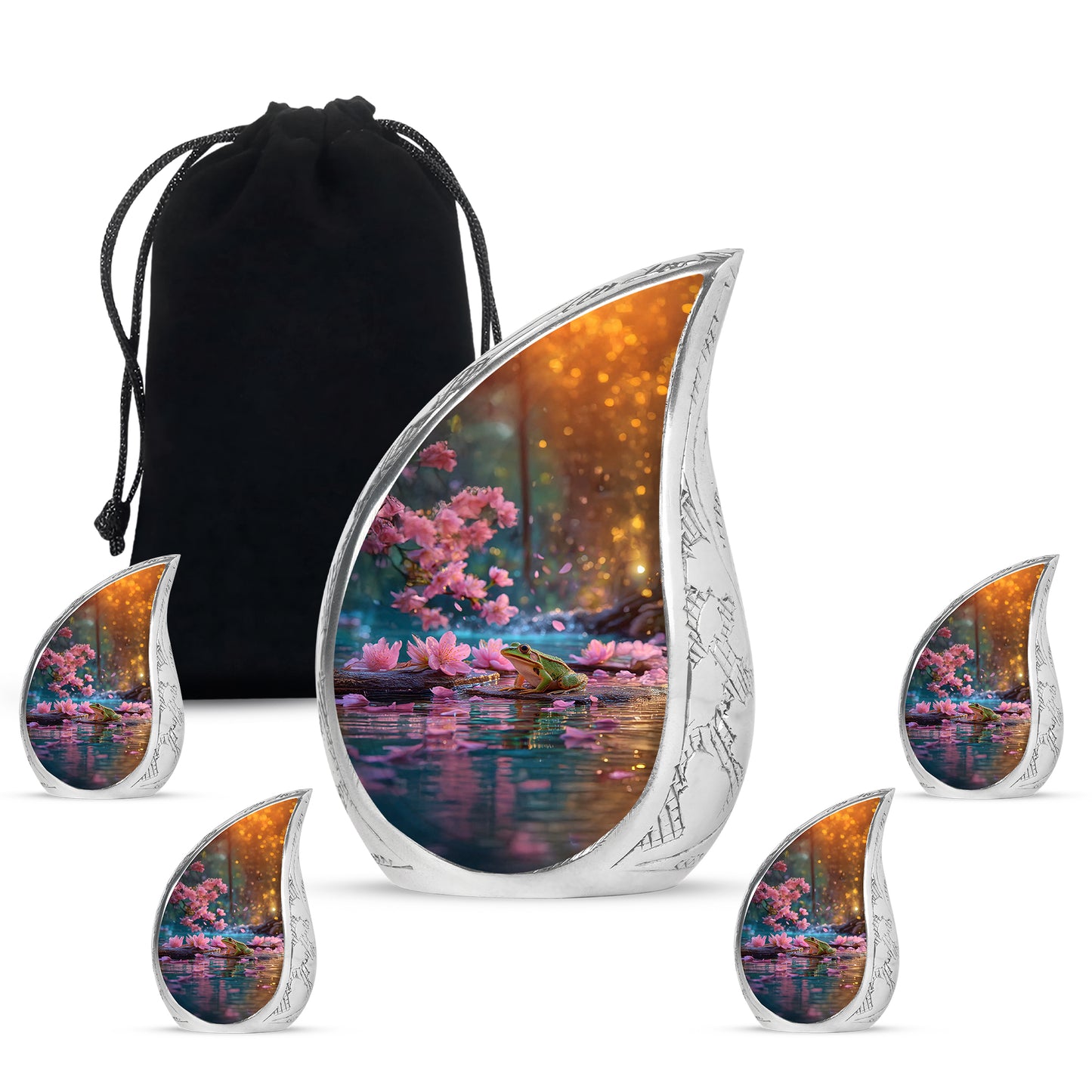 Deep Red Frog Cremation Urn side profile showing urn shape - flowing teardrop frog silhouette on curved aluminum - memorial set with one large and four small urns