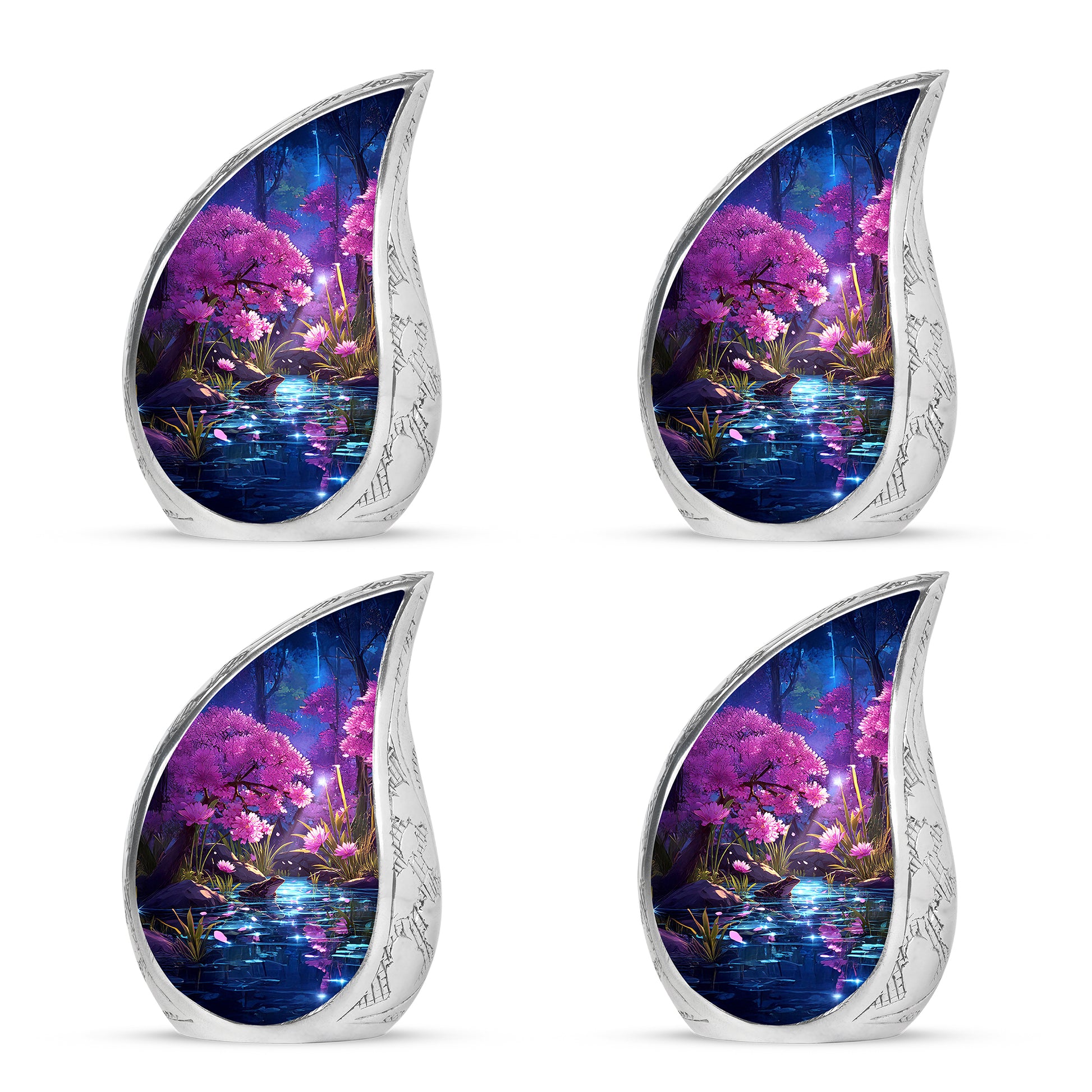 Pastel Pink Frog Cremation Urn close-up of engraving and surface detail - rounded teardrop frog design with delicate detail - 10 inch aluminum urn for cremated remains