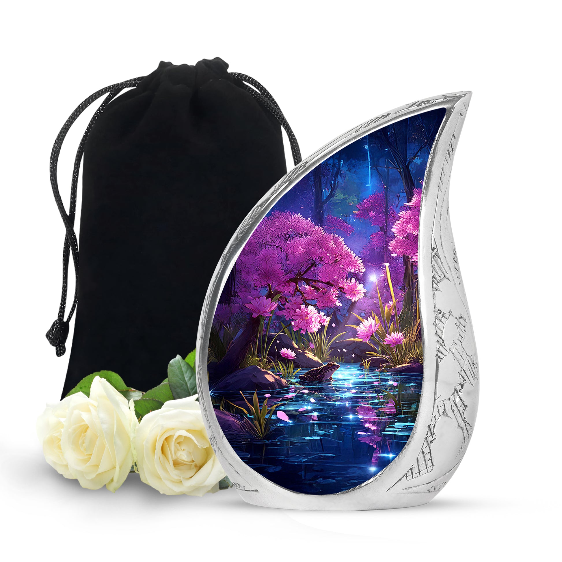 Dusty Pink Frog Cremation Urn front view showing detailed design - graceful tear-shaped urn with frog motif - full-size 10 inch 200 cubic inch adult cremation urn
