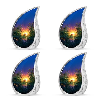 Grape Purple Frog Cremation Urn close-up of engraving and surface detail - smooth teardrop contour featuring frog art - 10 inch aluminum urn for cremated remains