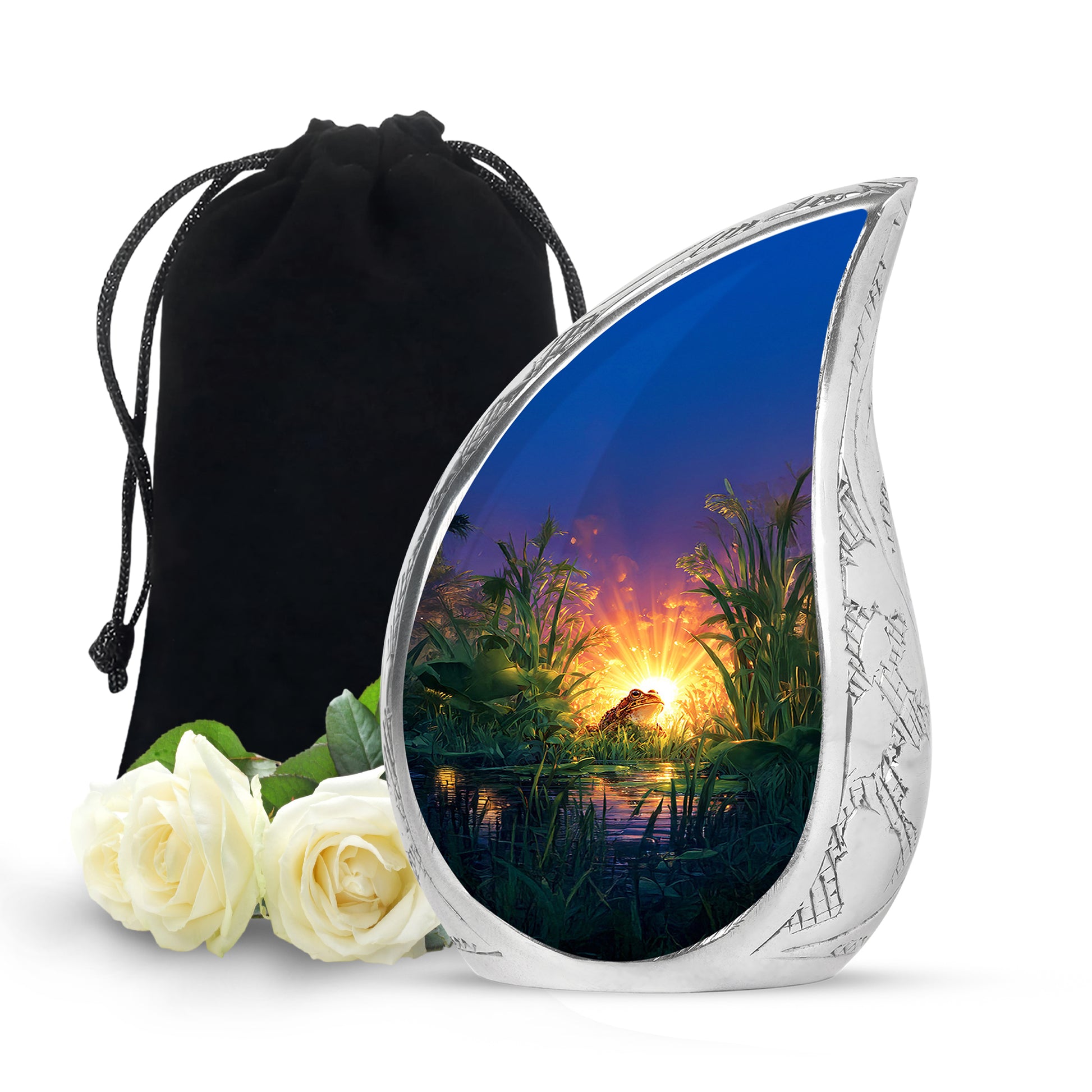 Violet Purple Frog Cremation Urn front view showing detailed design - smooth teardrop contour featuring frog art - full-size 10 inch 200 cubic inch adult cremation urn