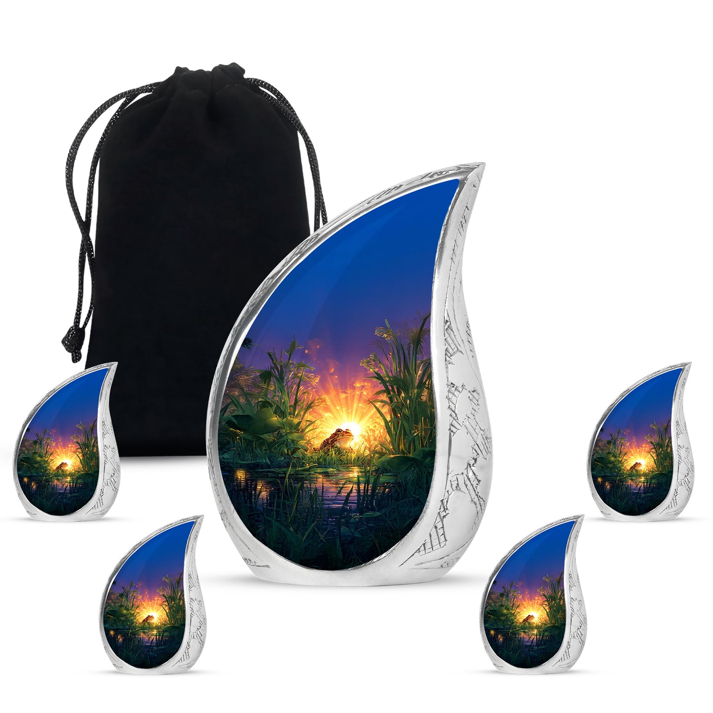 Deep Purple Frog Cremation Urn side profile showing urn shape - flowing teardrop frog silhouette on curved aluminum - memorial set with one large and four small urns