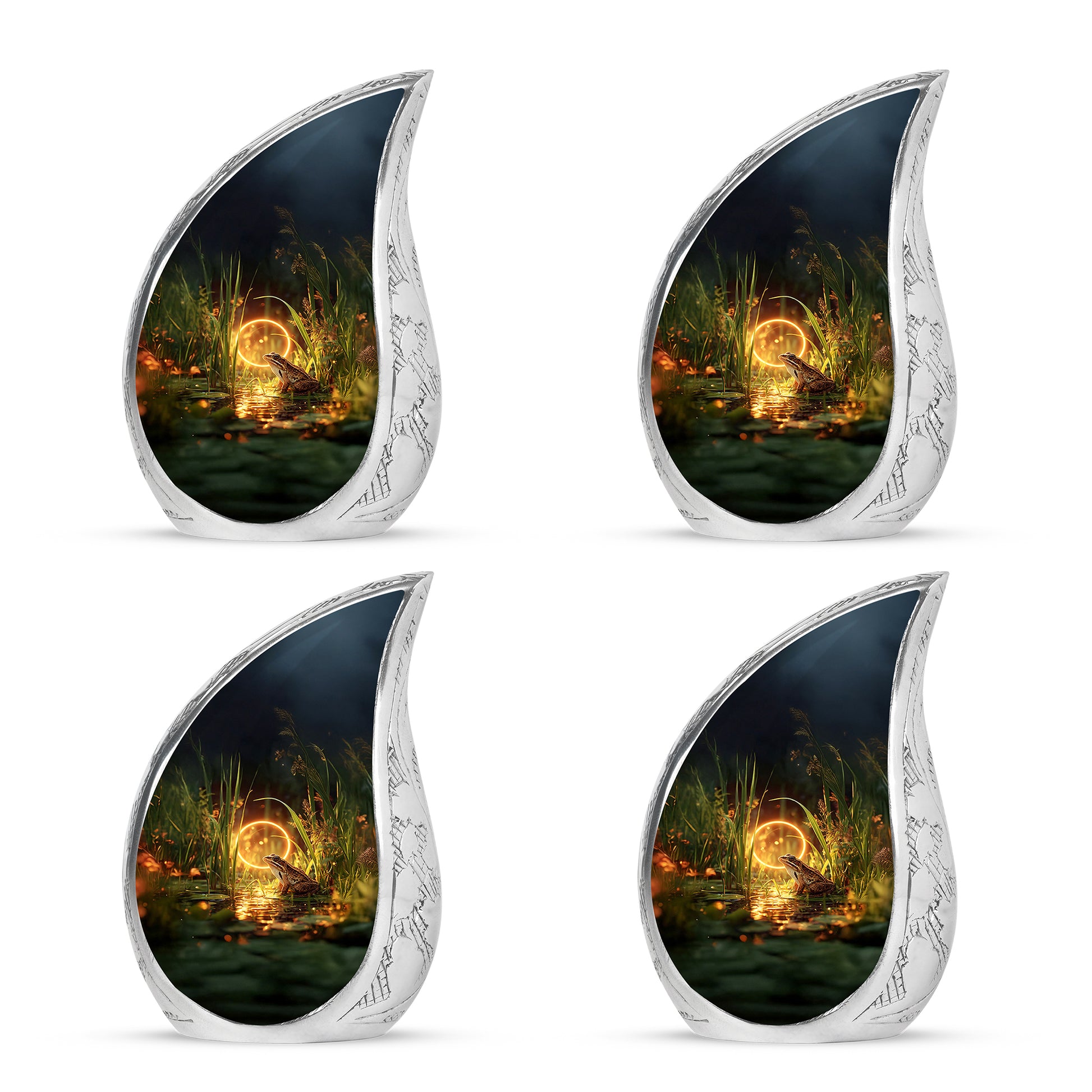 Antique Gold Frog Cremation Urn close-up of engraving and surface detail - flowing teardrop frog silhouette on curved aluminum - 10 inch aluminum urn for cremated remains