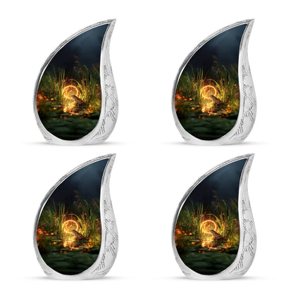 Antique Gold Frog Cremation Urn close-up of engraving and surface detail - flowing teardrop frog silhouette on curved aluminum - 10 inch aluminum urn for cremated remains
