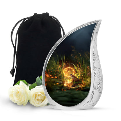 Antique Gold Frog Cremation Urn front view showing detailed design - rounded teardrop frog design with delicate detail - full-size 10 inch 200 cubic inch adult cremation urn