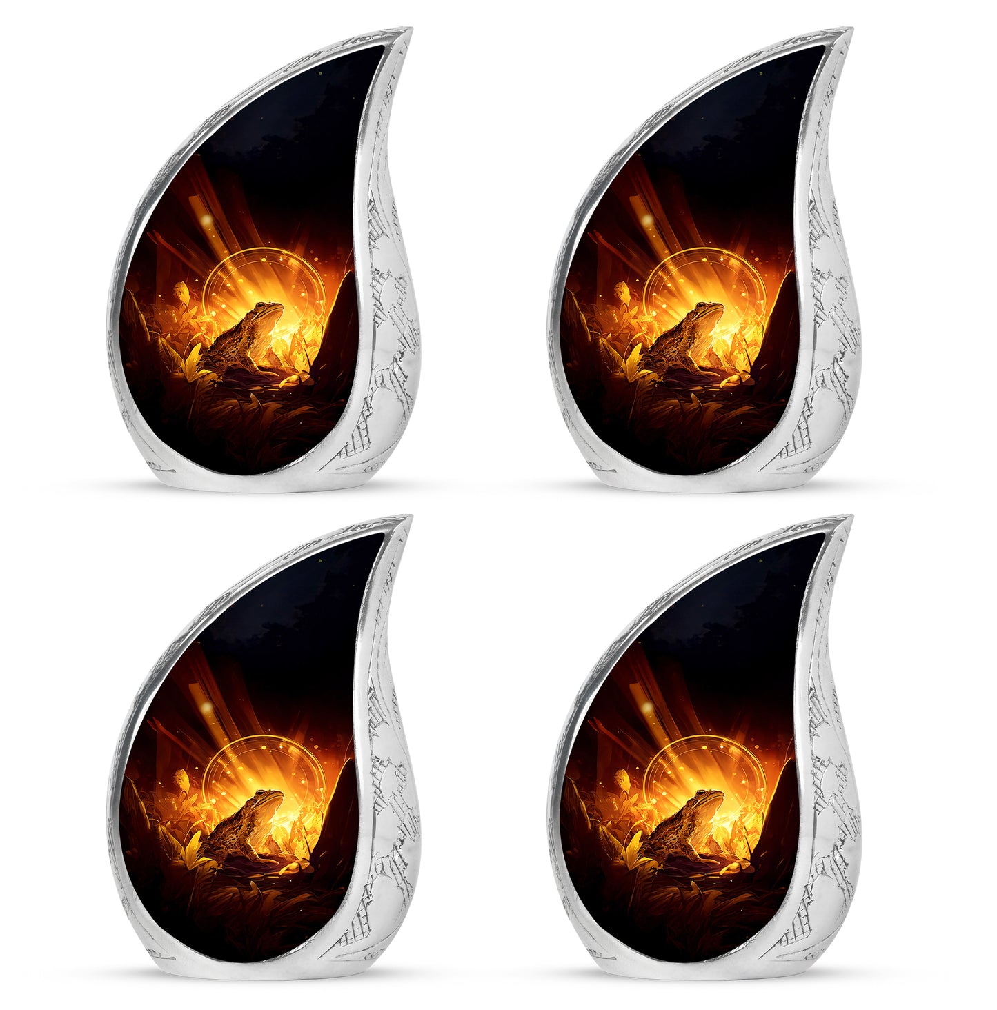Sunrise Gold Frog Cremation Urn close-up of engraving and surface detail - flowing teardrop frog silhouette on curved aluminum - 10 inch aluminum urn for cremated remains