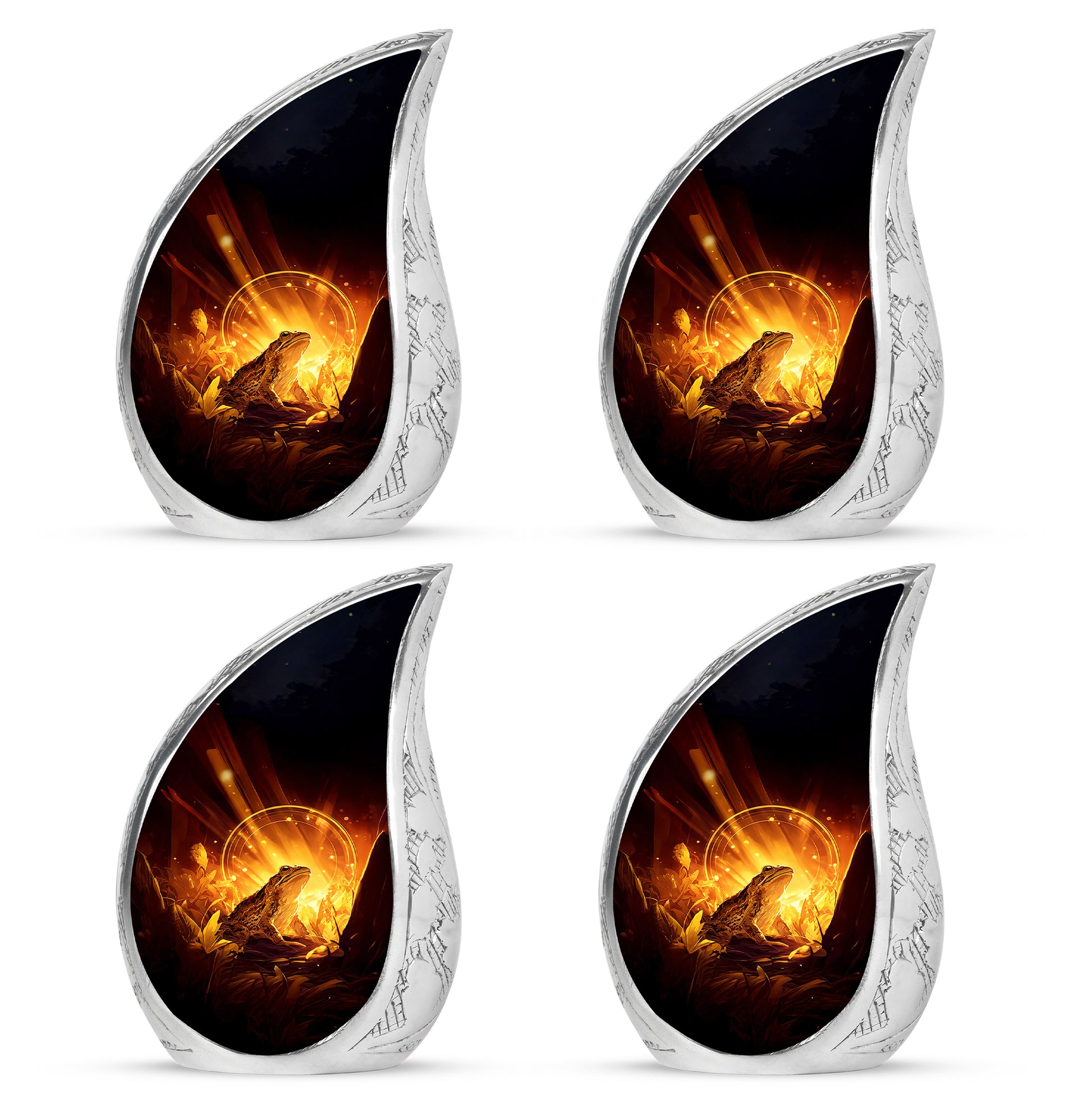 Sunrise Gold Frog Cremation Urn close-up of engraving and surface detail - flowing teardrop frog silhouette on curved aluminum - 10 inch aluminum urn for cremated remains
