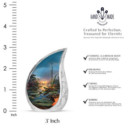 Pewter Gray Frog Cremation Urn angled view of lid and engraved motif - flowing teardrop frog silhouette on curved aluminum - mini keepsake memorial for portion of cremation ashes