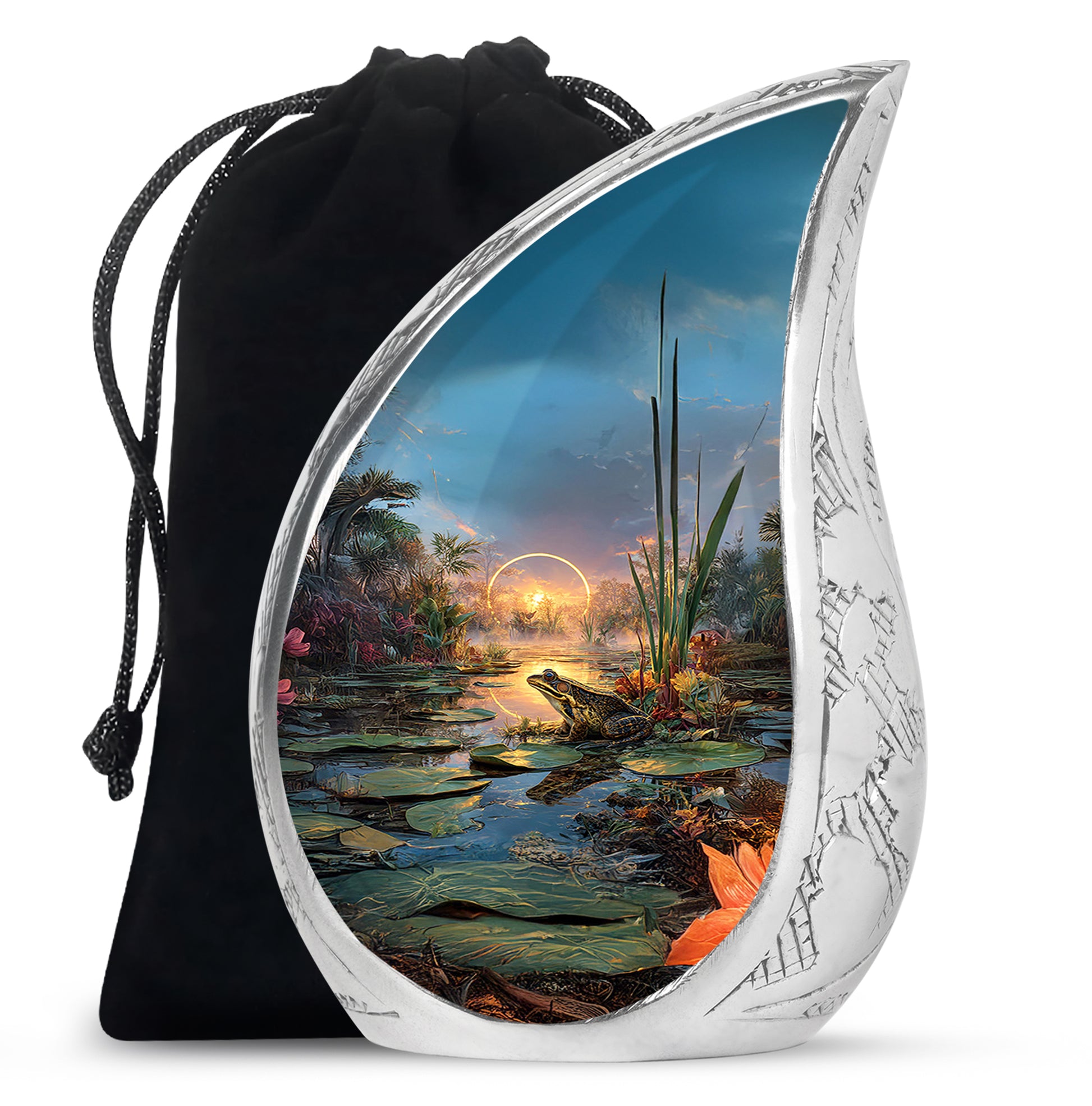 Storm Gray Frog Cremation Urn front view showing detailed design - smooth teardrop contour featuring frog art - full-size 10 inch 200 cubic inch adult cremation urn