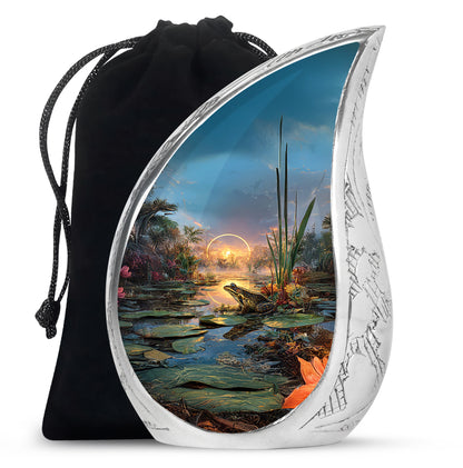 Storm Gray Frog Cremation Urn front view showing detailed design - smooth teardrop contour featuring frog art - full-size 10 inch 200 cubic inch adult cremation urn