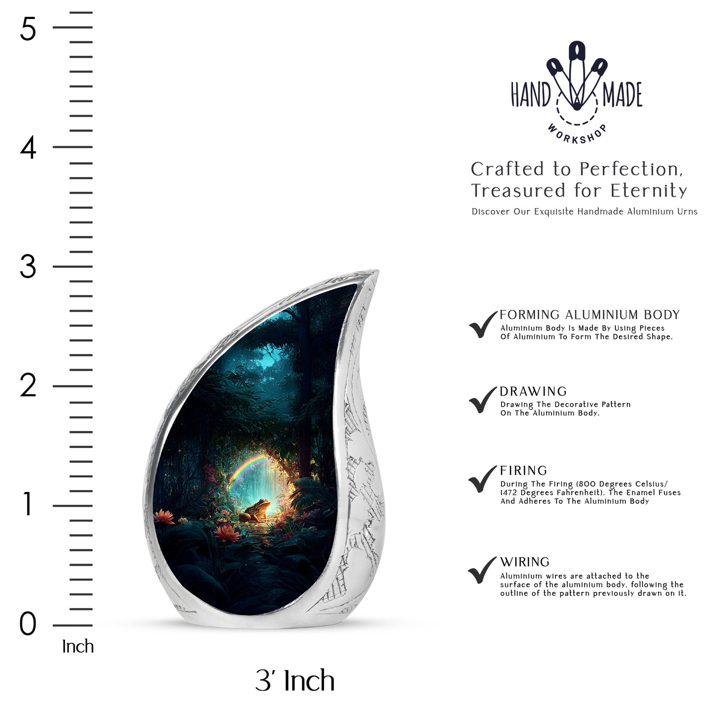 Jet Black Frog Cremation Urn angled view of lid and engraved motif - rounded teardrop frog design with delicate detail - mini keepsake memorial for portion of cremation ashes