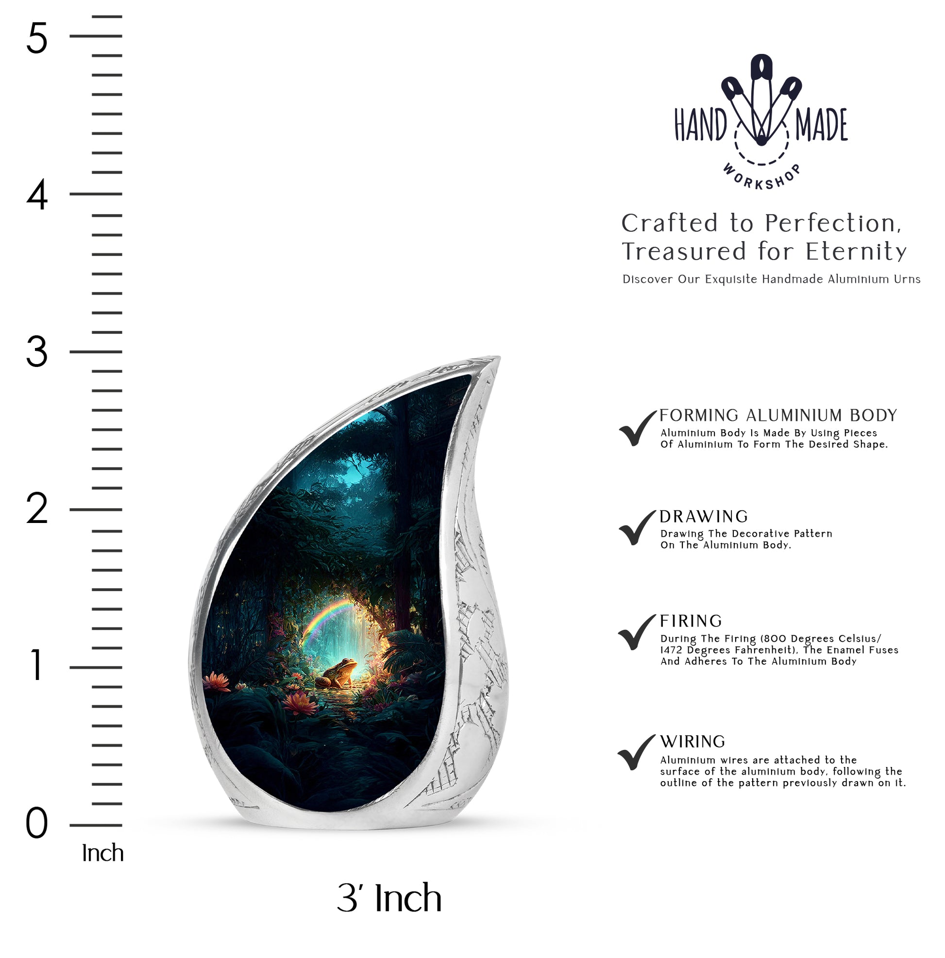 Jet Black Frog Cremation Urn angled view of lid and engraved motif - rounded teardrop frog design with delicate detail - mini keepsake memorial for portion of cremation ashes