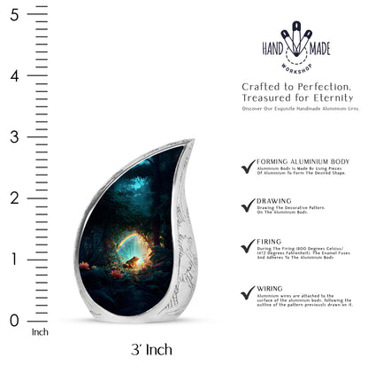 Jet Black Frog Cremation Urn angled view of lid and engraved motif - rounded teardrop frog design with delicate detail - mini keepsake memorial for portion of cremation ashes
