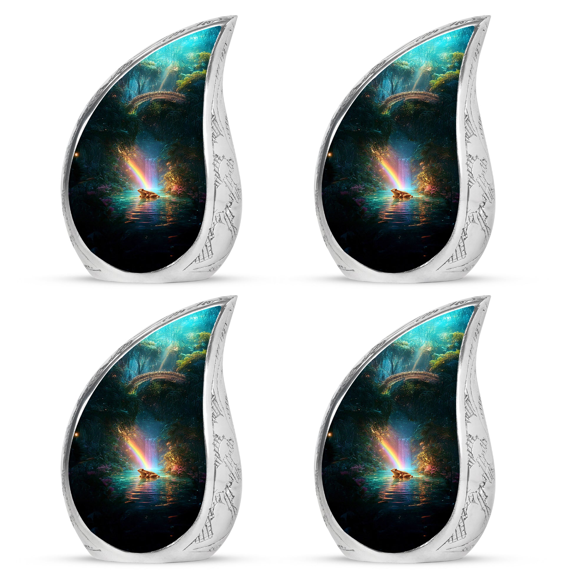 Soft Teal Frog Cremation Urn close-up of engraving and surface detail - flowing teardrop frog silhouette on curved aluminum - 10 inch aluminum urn for cremated remains