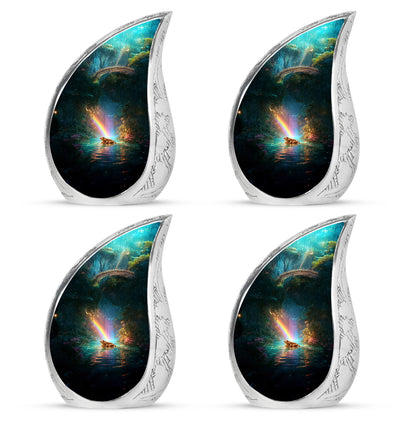 Soft Teal Frog Cremation Urn close-up of engraving and surface detail - flowing teardrop frog silhouette on curved aluminum - 10 inch aluminum urn for cremated remains