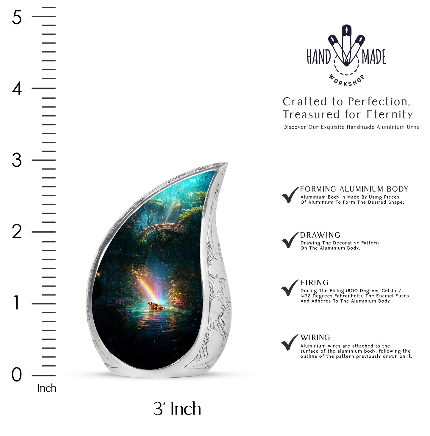 Sea Green Teal Frog Cremation Urn angled view of lid and engraved motif - rounded teardrop frog design with delicate detail - mini keepsake memorial for portion of cremation ashes