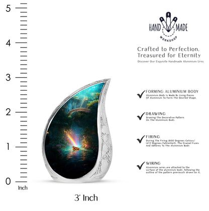 Sea Green Teal Frog Cremation Urn angled view of lid and engraved motif - rounded teardrop frog design with delicate detail - mini keepsake memorial for portion of cremation ashes